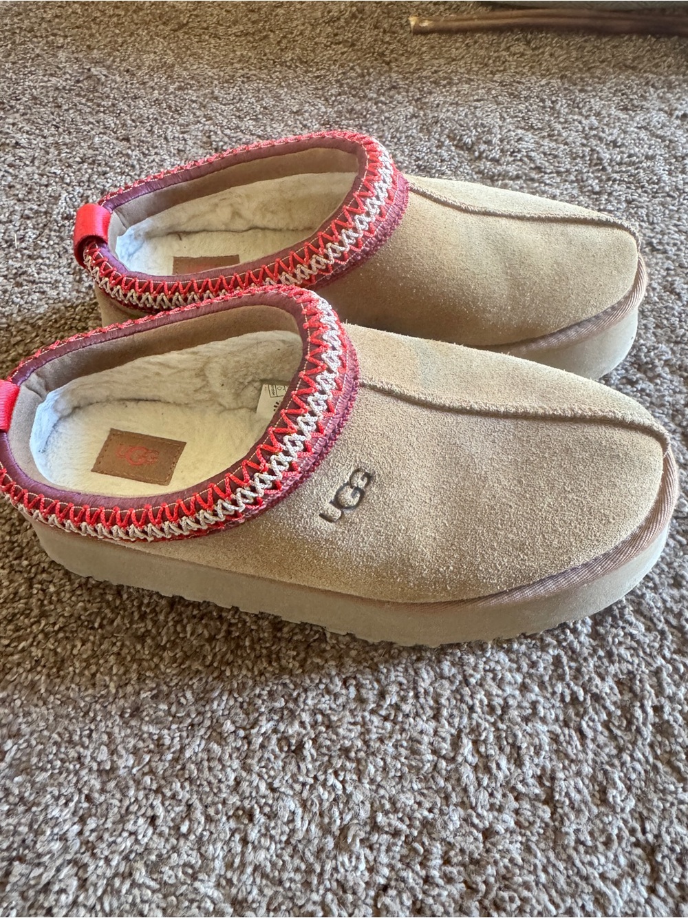 Perfect Condition UGG Women's Tan Suede Slip-On Clog with Red Trim
